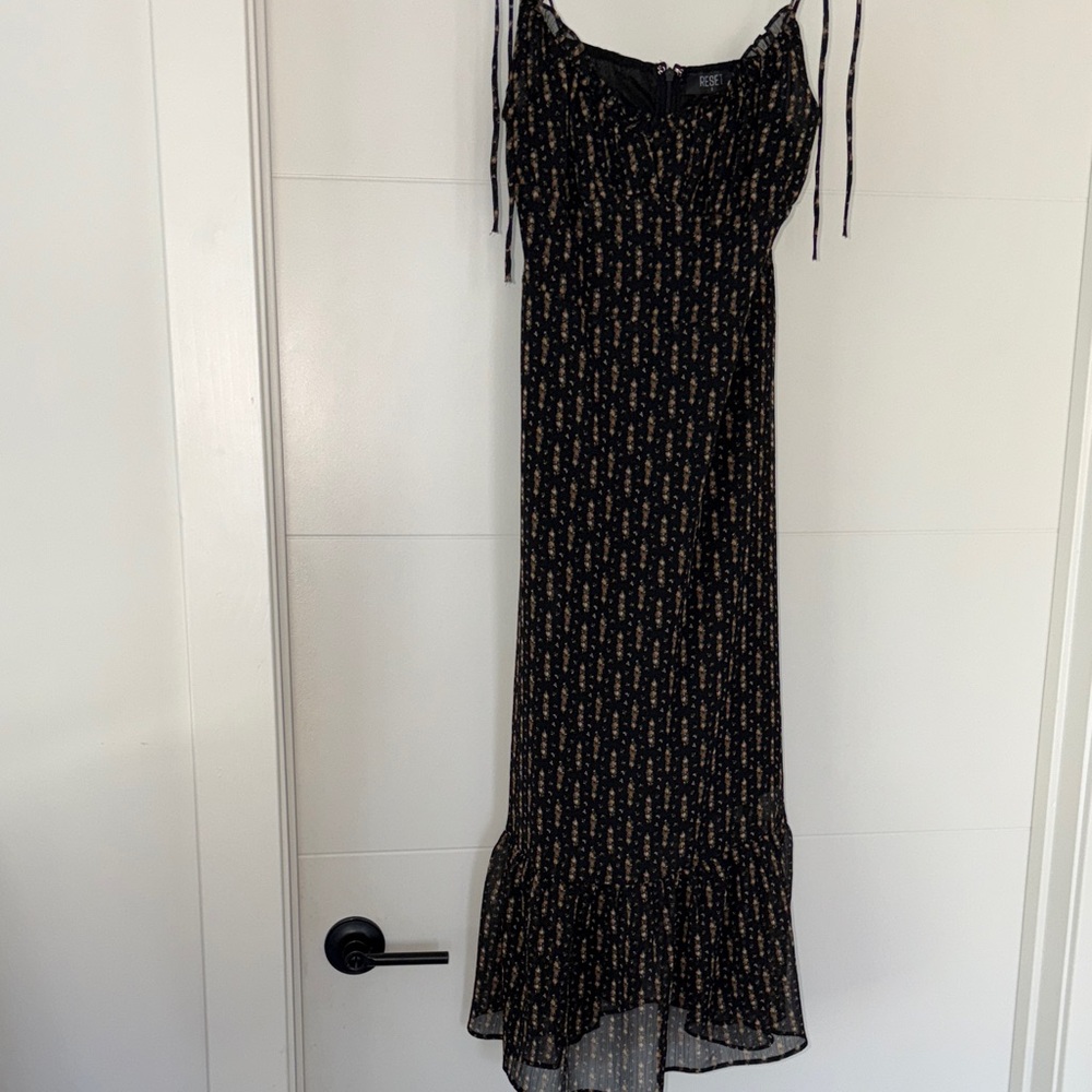 Black Floral Midi Dress with Adjustable Tie Straps